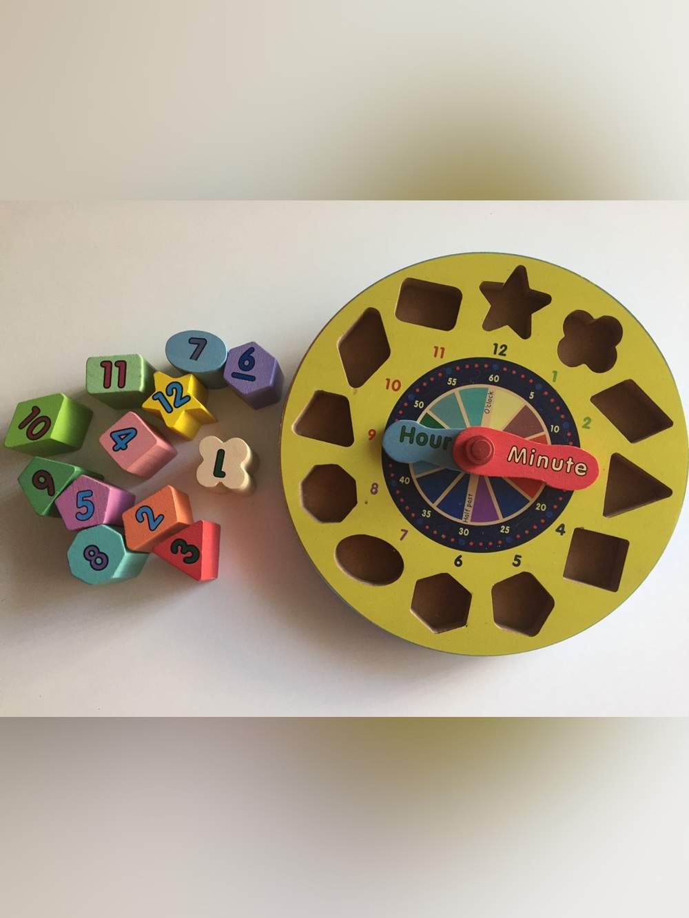 Melissa & Doug Classic Shape Sorting Clock learn colors numbers time wood blocks